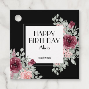 Burgundy Pink Rose Flora Black Happy Birthday Favour Tags