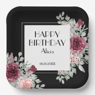 Burgundy Pink Rose Flora Black Happy Birthday Paper Plate
