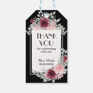 Burgundy Pink Rose Flora Black Thank You Gift Tags