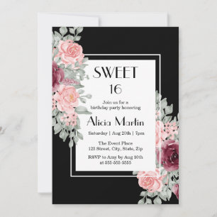 Burgundy Pink Rose Flower Sweet 16 Black Birthday Invitation