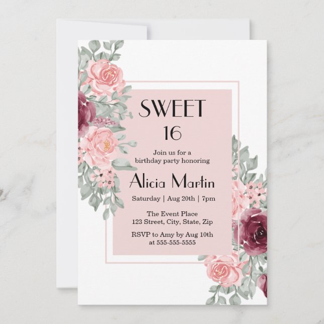 Burgundy Pink Rose Flower Sweet 16 White Birthday Invitation (Front)