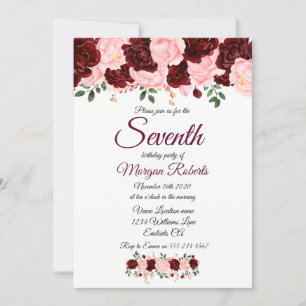Burgundy Pink Rose Girls 7th Birthday Party Invite