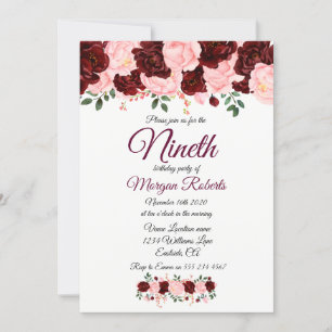 Burgundy Pink Rose Girls 9th Birthday Party Invite
