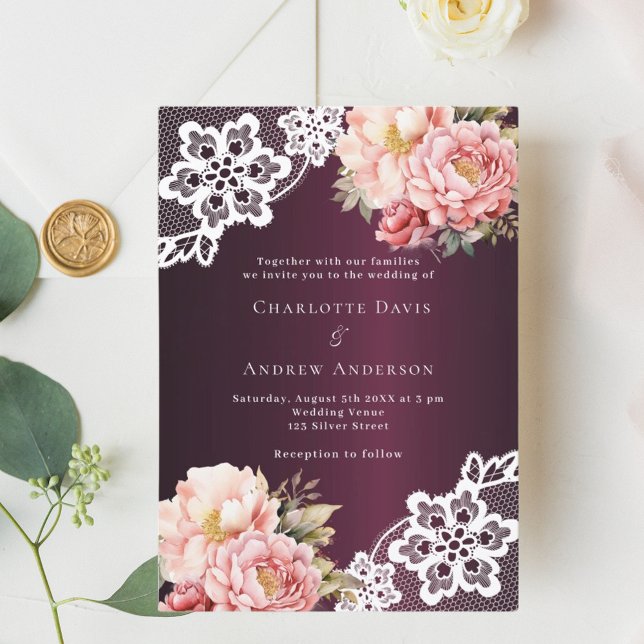 Burgundy pink rose gold floral lace luxury wedding invitation (Creator Uploaded)