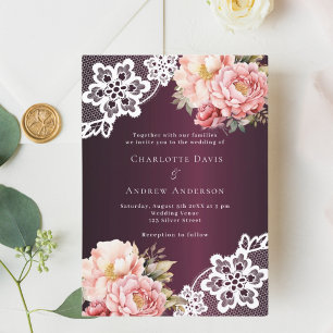 Burgundy pink rose gold floral lace wedding invitation