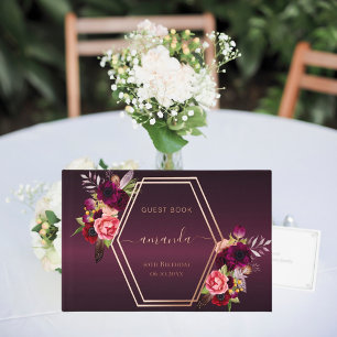 Burgundy pink rose gold geometric florals Birthday Guest Book