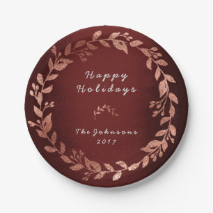 Burgundy Pink Rose Gold Gray Christmas Paper Plate