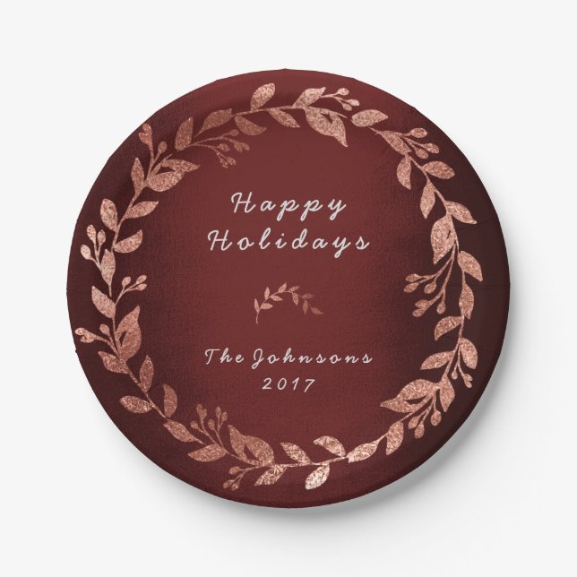 Burgundy Pink Rose Gold Gray Christmas Paper Plate (Front)