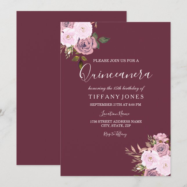Burgundy Pink & Rose Gold Quinceanera Invitation (Front/Back)