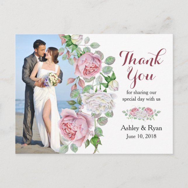 Burgundy Pink Rose Photo Wedding Thank You Postcard (Front)