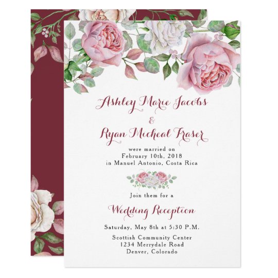 Burgundy Pink Rose Post Wedding Reception Only Invitation Zazzle