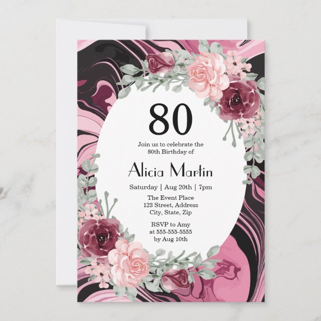 Burgundy Pink Roses Flora Marble Fluid Birthday Invitation (Front)