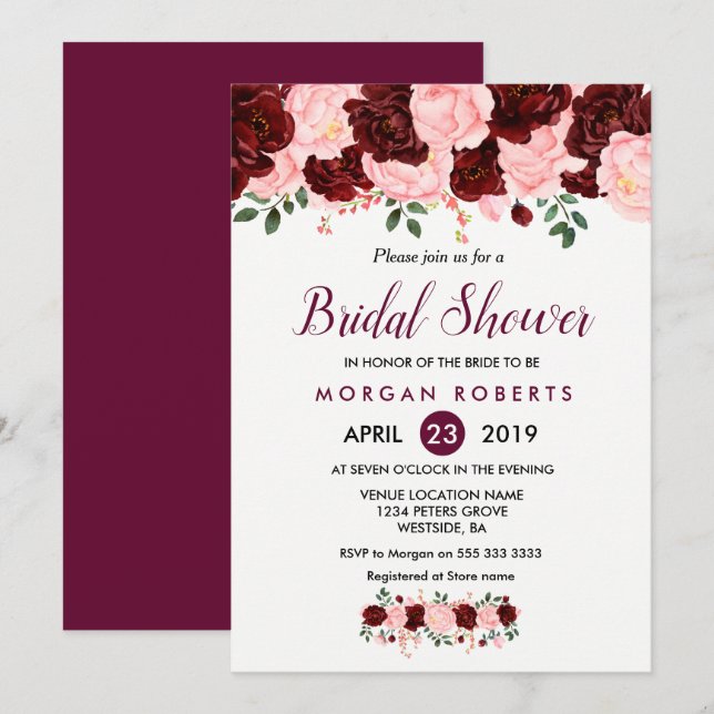 Burgundy Pink Roses Floral Bridal Shower Invite (Front/Back)