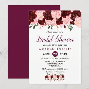 Burgundy Pink Roses Floral Bridal Shower Invite