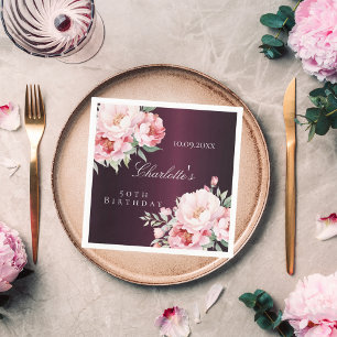 Burgundy pink roses florals birthday napkin