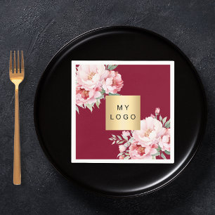 Burgundy pink roses florals business logo napkin