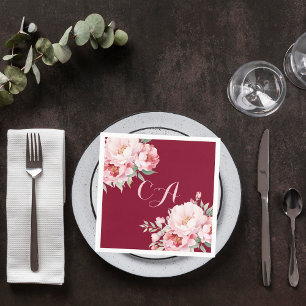 Burgundy pink roses florals monogram birthday napkin
