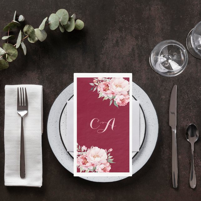 Burgundy pink roses florals monogram birthday napkin (Creator Uploaded)