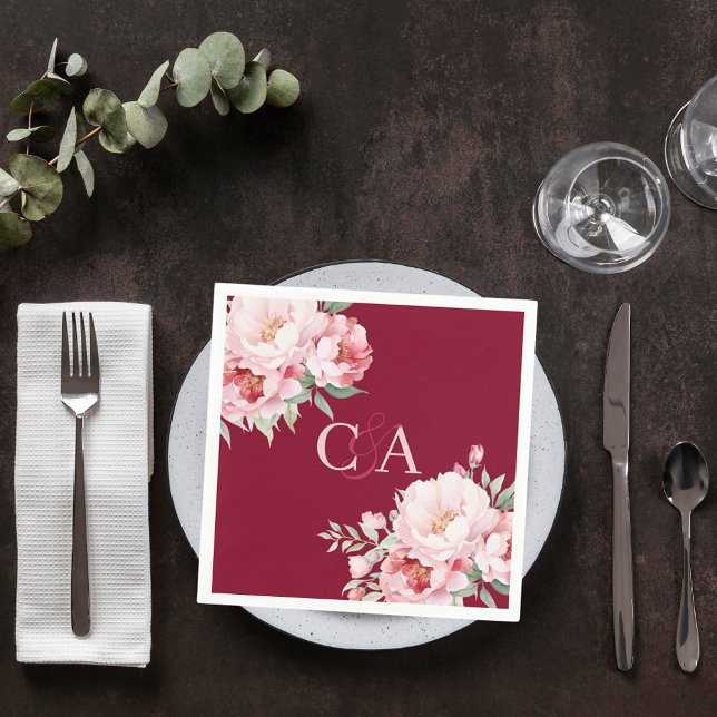 Burgundy pink roses florals monogram wedding napkin (Creator Uploaded)
