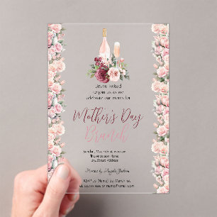 Burgundy Pink Roses Wine Mother's Day Brunch  Acrylic Invitations