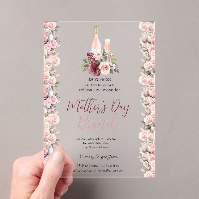 Burgundy Pink Roses Wine Mother's Day Brunch  Acrylic Invitations (Insitu (Handheld))