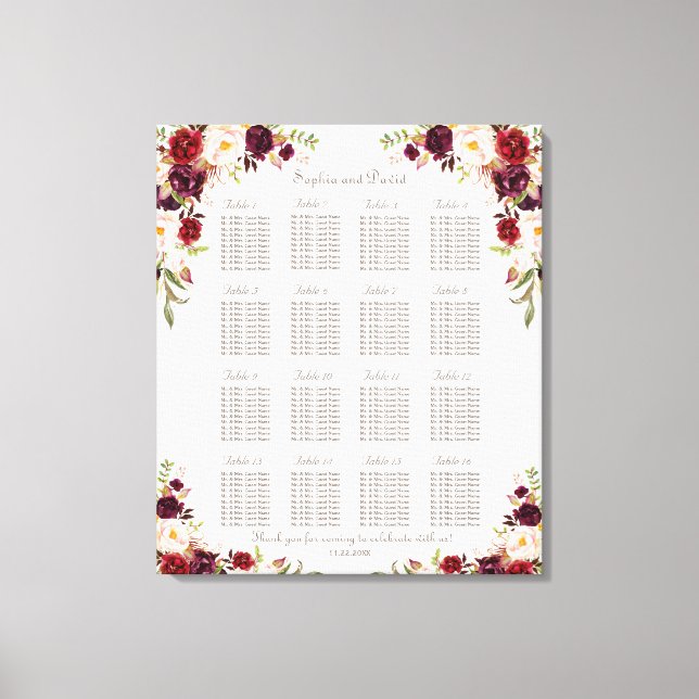 Burgundy Pink Saffron Floral Wedding Seating Chart Canvas Print (Front)