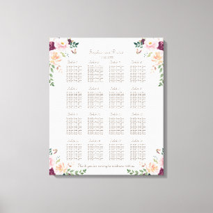 Burgundy Pink Saffron Floral Wedding Seating Chart Canvas Print