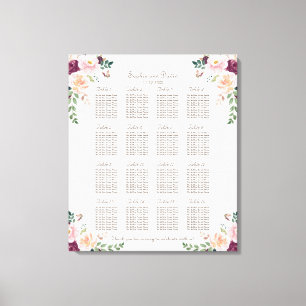 Burgundy Pink Saffron Floral Wedding Seating Chart Canvas Print