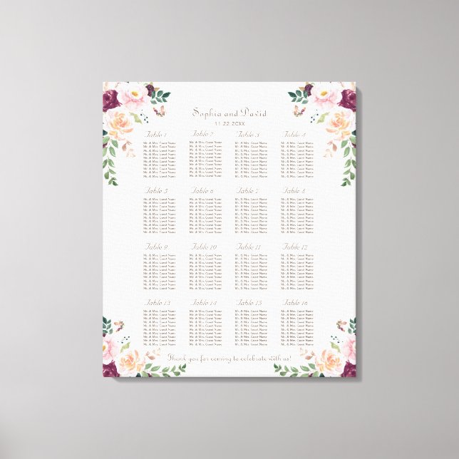 Burgundy Pink Saffron Floral Wedding Seating Chart Canvas Print (Front)