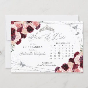 Burgundy Pink & Silver Quinceañera Save The Date Invitation