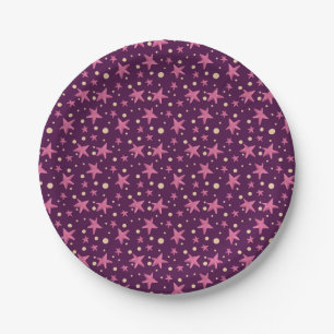Burgundy Pink Stars Yellow Suns Space Pattern Girl Paper Plate