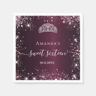 Burgundy pink tiara name script Sweet 16 Napkin
