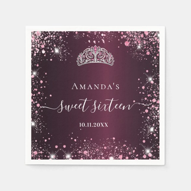 Burgundy pink tiara name script Sweet 16 Napkin (Front)