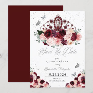 Burgundy Pink Tiara Save The Date Quinceañera Invitation