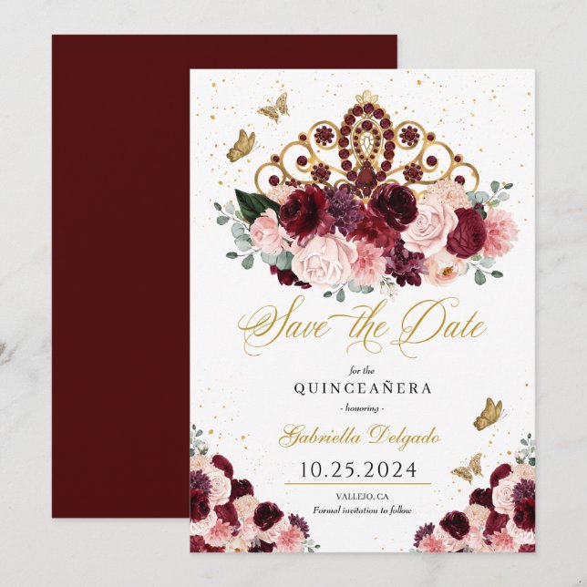 Burgundy Pink Tiara Save The Date Quinceañera Invitation (Front/Back)