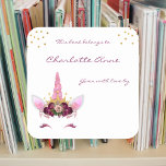 Burgundy Pink unicorn girl bookplate Square Sticker<br><div class="desc">Pretty burgundy,  pink and gold unicorn face with flowers and faux gold crown with confetti book plate sticker for a young girl,  baby girl or any unicorn lover!   Contact the designer at info@lemontreecards.com to request matching items,  etc.</div>