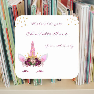 Burgundy Pink unicorn girl bookplate Square Sticker