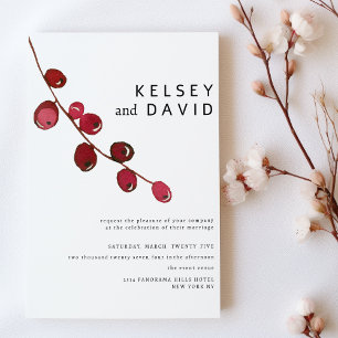 Burgundy pink watercolor berries floral wedding invitation