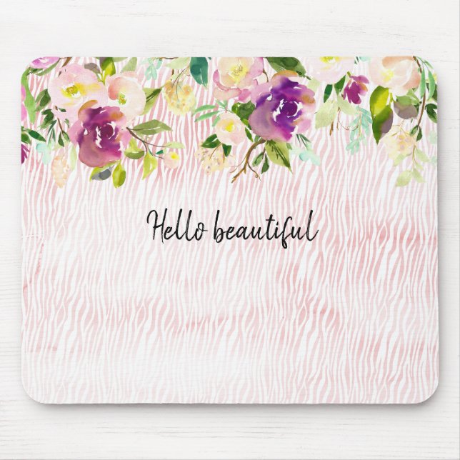 Burgundy Pink Watercolor Floral Animal Print Mouse Mat (Front)