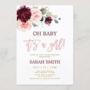 Burgundy pink watercolor floral Baby Shower girl Invitation