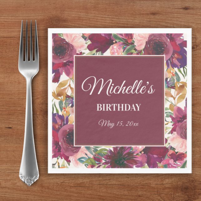 Burgundy Pink Watercolor Floral Birthday Name Napkin (Burgundy and blush pink watercolor floral custom birthday party paper napkins)