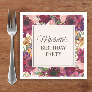 Burgundy Pink Watercolor Floral Birthday Napkin