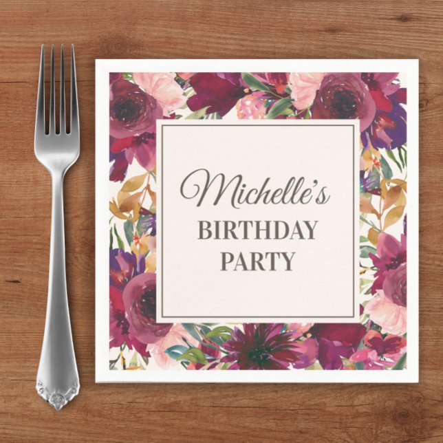Burgundy Pink Watercolor Floral Birthday Napkin (Burgundy and pink watercolor floral custom birthday party paper napkins)