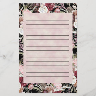 Burgundy Pink Watercolor Floral Black Lined Stationery