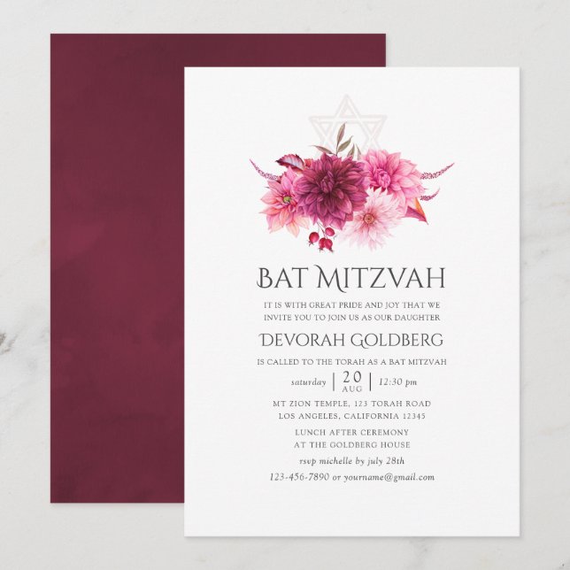 Burgundy & Pink Watercolor Floral Fall Bat Mitzvah Invitation (Front/Back)