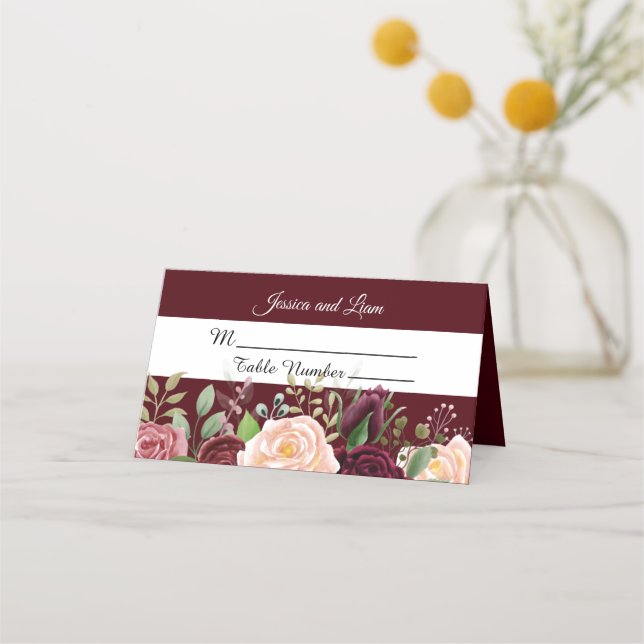 Burgundy Pink Watercolor Floral  Place Card (Front)