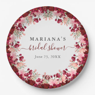 Burgundy Pink Watercolor Floral Wedding Paper Plate