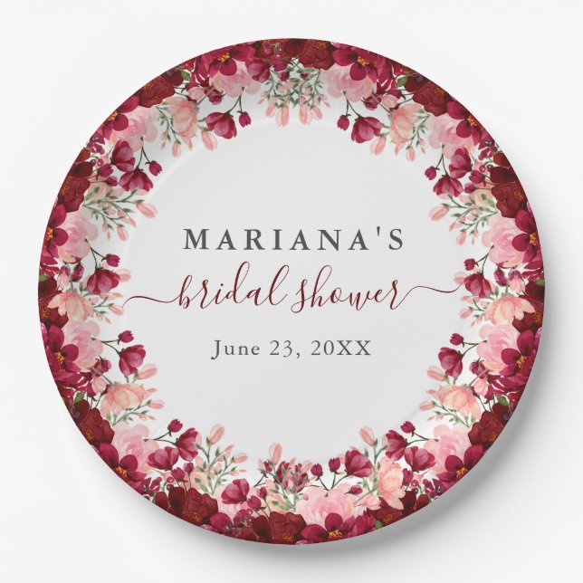 Burgundy Pink Watercolor Floral Wedding Paper Plate (Front)