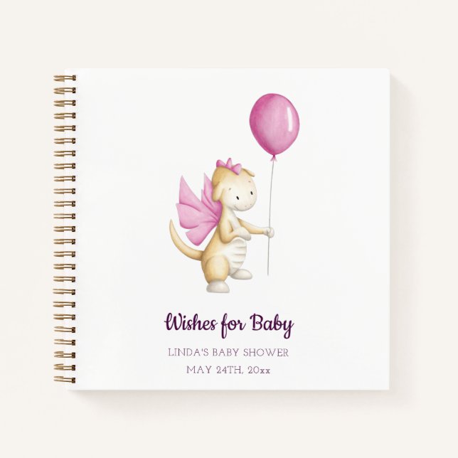 Burgundy Pink Wishes for Baby Dragon Baby Shower Notebook (Front)