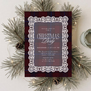 Burgundy Plaid and Lace Modern Christmas Party  Invitation